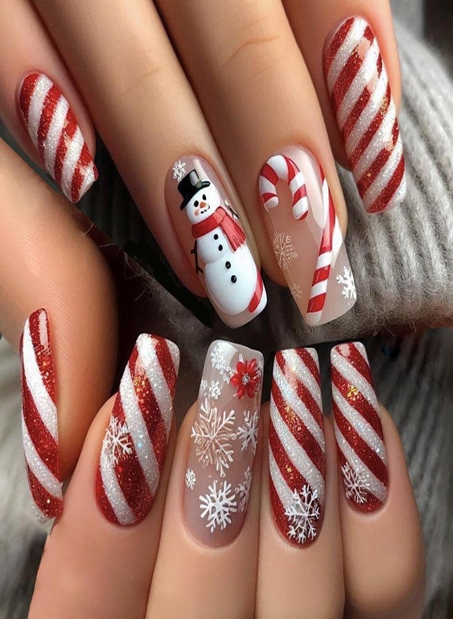 TBRZTR Christmas Snowflke Press on Nails Medium Square Red White Stripes Fake Nail Full Cover Glossy Cute Snowman Design Xmas Stick on Nail Acrylic Artificial Fingernails Winter Glue on Nails for Women - Image 1